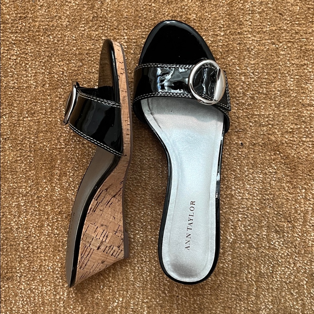 Ann Taylor Black Patent Leather Wedge Sandals with Silver Buckle